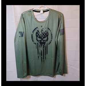 American Warrior Flag Skull Military USA Patriotic Long Sleeve T-Shirt Size M